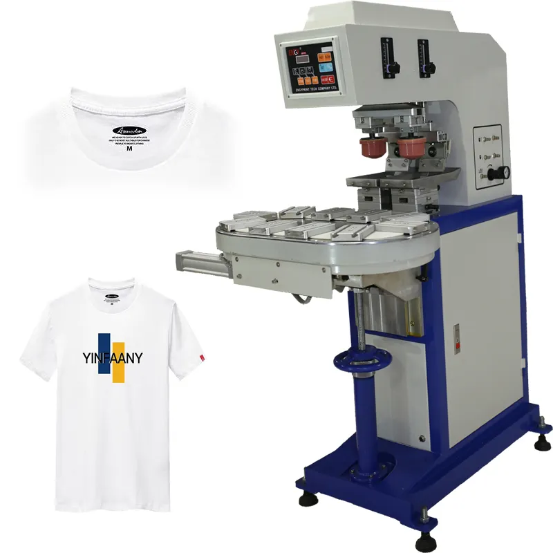 एक्सप्रेस टी शर्ट प्रिंट मशीन परिधान गर्दन लेबल कन्वेयर के साथ 2-रंग पैड छपाई मशीन