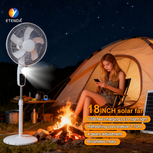 High Power 12V Solar Powered Fan 18 Inch Rechargeable Cooling Fan with Brushless Motor and Remote Control