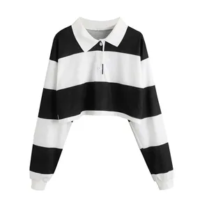 Wholesales Casual Stripe Print Crop Tops Women Long Sleeve Custom Logo Polo Shirt Teen Girls Streetwear Top Shirt