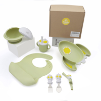 Juego de alimentación de silicona OEM para bebés, plato con ventosa de dinosaurios, tazón, cuchara, tenedor, 5 piezas, 0-12 meses, para niños pequeños, fácil de limpiar