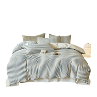 Parure de lit 4 pièces en lin et coton naturel durable, motif rayé, écologique, texture lavée, douce pour la peau, pour lit Queen et King