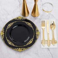 Ensemble de vaisselle jetable de luxe vintage en plastique noir avec bordure dorée en relief, sans BPA, pour fêtes et mariages, 175/350/700 pièces