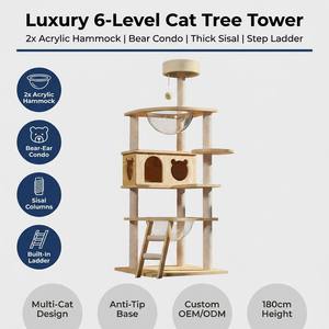 Arbre à chat de luxe grand format, 6 niveaux, 2 hamacs en acrylique, niche pour chat, poteau en sisal, échelle à marches, pour plusieurs chats, intérieur - Product Image 2
