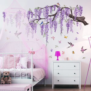 Adesivo Murale con Glicine Viola ad Acquerello, Decorazione Murale con Rondini e Farfalle per Soggiorno e Sfondo TV - Product Image 3