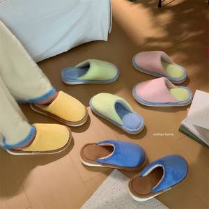 XIXIXITIAO pantoufles en peluche à blocs de couleurs pour femmes hommes <span class=keywords><strong>chaussures</strong></span> de maison d'hiver antidérapantes douces floues chaudes et confortables toboggans d'intérieur unisexes - Product Image 6