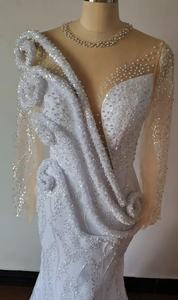 Nouvelle robe de mariée sirène africaine perlée |   Manches longues Art Déco de luxe et dentelle à motif cristallin |   Robe de soirée sirène <span class=keywords><strong>Couture</strong></span> 2025 - Product Image 6