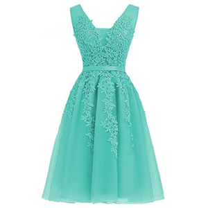 European American Style Applique Evening Dress V Neck Sleeveless Short Bridesmaid Dress Wedding Formal Dress - Product Image 1