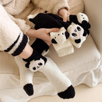 Chaussettes pour femmes en polaire corail, dessin animé noir et blanc, au-dessus du genou, confortables, respirantes, moelleuses, chaudes, pour l'automne et l'hiver, pour la maison, pour dormir