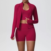 Ensemble de sport 3 pièces respirant et léger à carreaux : Cardigan à manches longues avec trous pour les pouces et short cycliste élastique à taille élastique