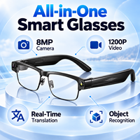 Lunettes Intelligentes IA Demi-Monture avec Caméra 8MP, Photos 32MP, Vidéo 1200P, Bluetooth 5.4, WiFi, Traduction, Reconnaissance d'Objets, Audio à Oreille Ouverte, IP65
