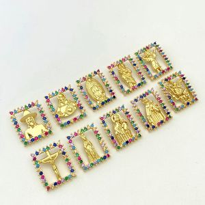 Raffredda rettangolo religiosi santi cristiani modello con gemme colorate placcato in oro 18K ciondolo ciondolo in ottone rame - Product Image 3