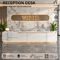 Comptoir de réception d'hôtel sur mesure, couleur personnalisée, aspect marbre blanc, incrustation dorée, comptoir avec éclairage LED pour hall d'entrée