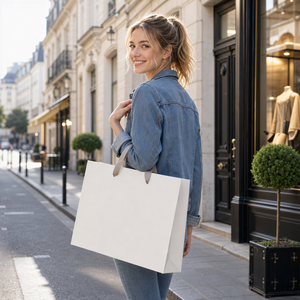 <span class=keywords><strong>Sac</strong></span> shopping en papier cartonné ivoire avec logo personnalisé, poignée en ruban gros-grain, emballage cadeau boutique - Product Image 2