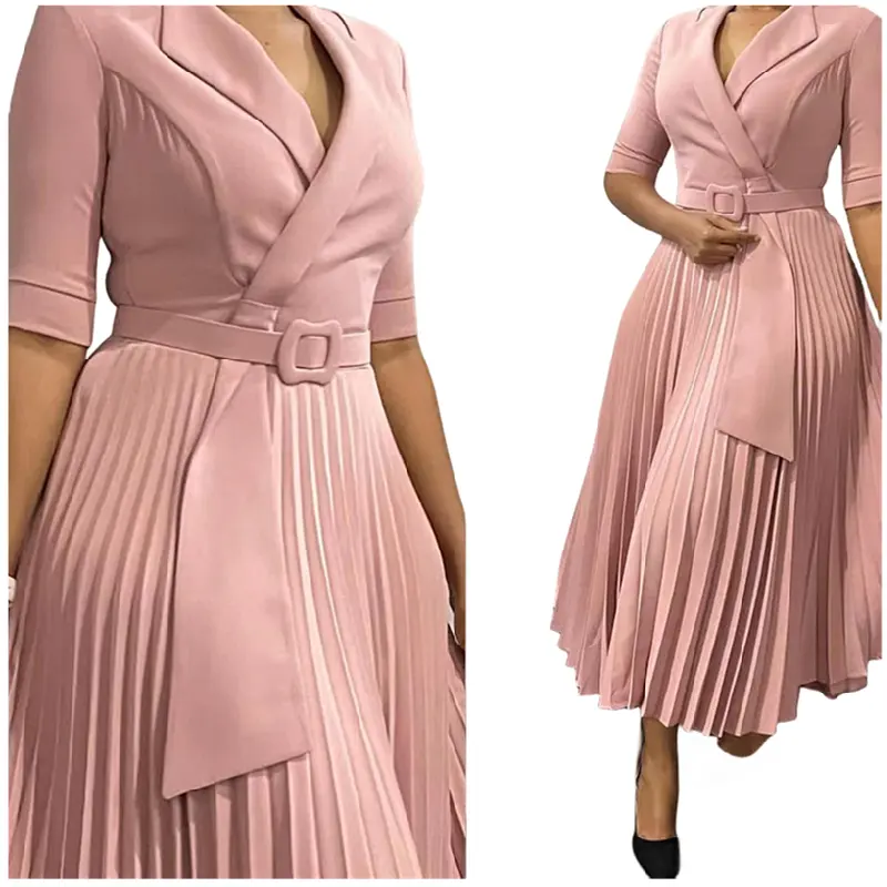 6677# Hot Selling Fashion Career Dresses Women Casual Suit Collar Waist Ruched Dress African Dresses For Women Clothing