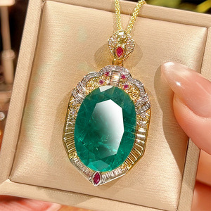 Vintage Jewelry Eco-friendly <b>Copper</b> Gold Plated 18*25MM Oval Shape Emerald Zircon Pendant Necklace for Evening Banquet Wear - Product Image 4
