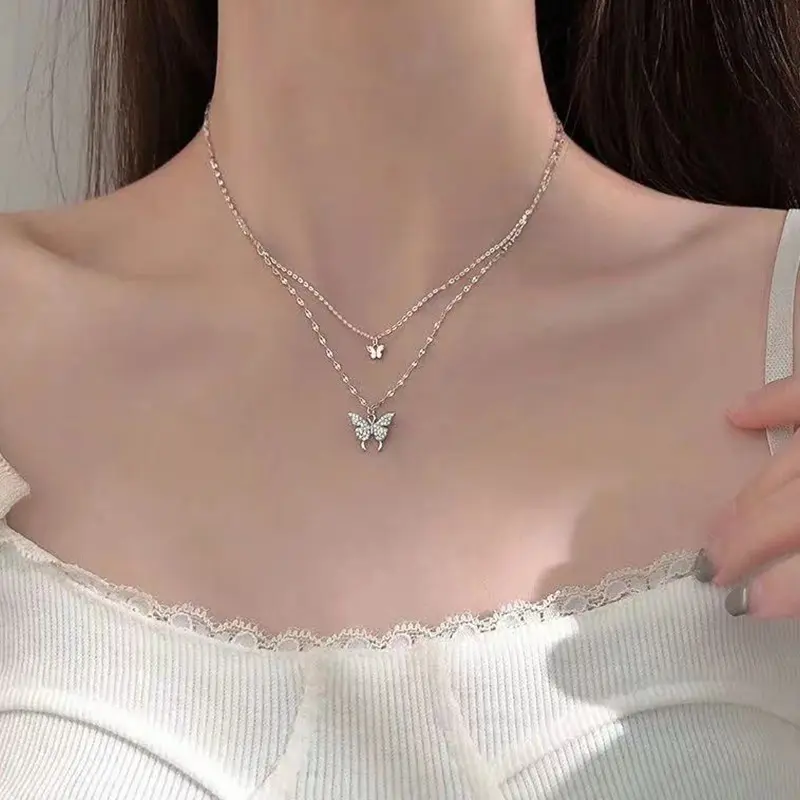 Vintage Diamond Double Layer Butterfly Necklace Simple Butterfly Necklace Female Wild Cool Style Collarbone Chain