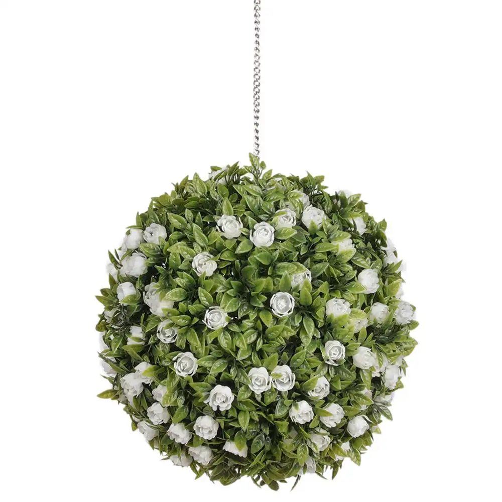 Q14 decoração topiary, planta decorativa sintética branca rosa flor verde grama falsa bola de madeira