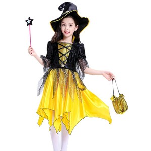 Disfraz de bruja para niños, vestido amarillo de cosplay con sombrero y varita para fiesta de Halloween, edad de 8 a 13 años - Product Image 3