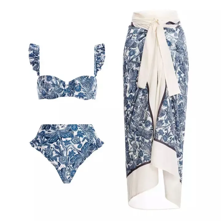 Bañador con estampado de libélula azul para mujer, traje de baño Floral con correa de volantes, ropa de playa, 2022