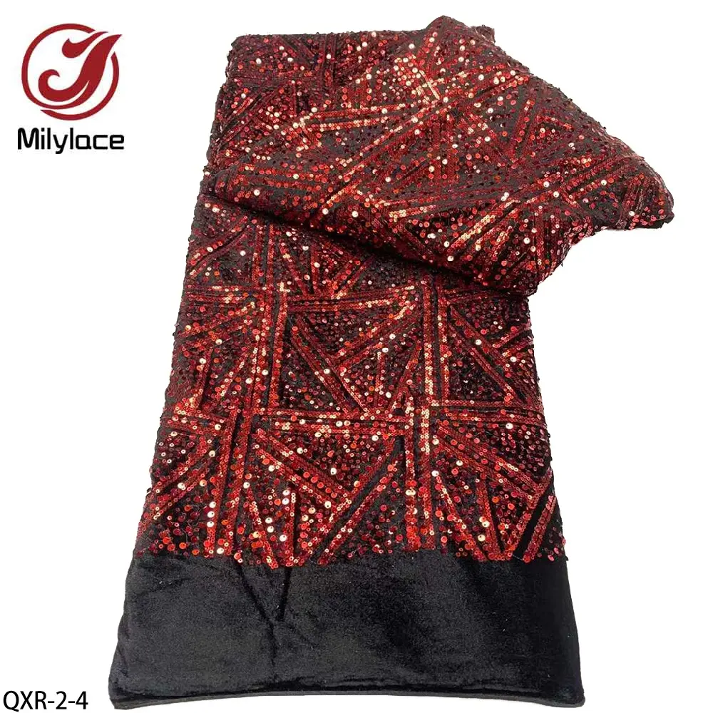 Luxurious Geometric Pattern Embroidery African Fabrics Sequin Velvet Lace Fabric for Party Dress