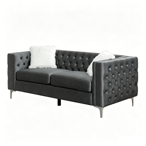 Juego de sofás tapizados en terciopelo gris de diseño europeo con materiales de primera calidad para sala de estar de 3+2 plazas con cojines decorativos blancos - Product Image 6