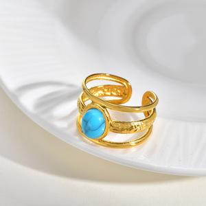 Bague ouverte en acier inoxydable plaqué or 18 carats pour femme, incrustation de turquoise naturelle, Hamsa, yeux de protection, creuse, style vintage bohème, ajustable - Product Image 5