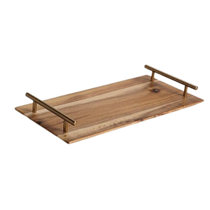 Plateau de service en bois avec poignées en métal doré, plateau rectangulaire décoratif, décoration de luxe pour la maison, plateau en bois artisanal, plateau ottoman - Product Image 1