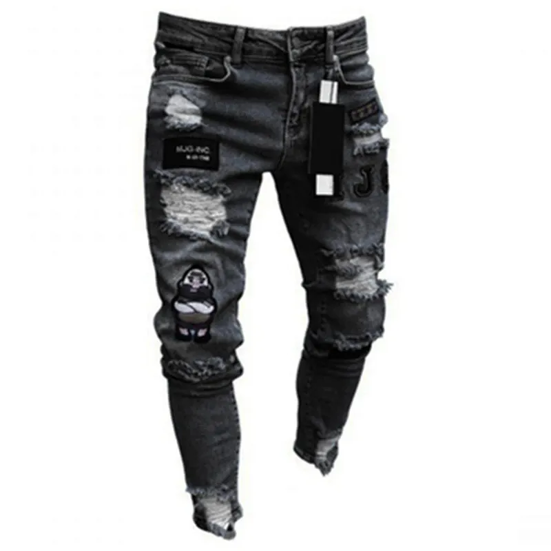 Men Stretchy Ripped Skinny Biker Embroidery Cartoon Print Jeans Distressed Hole Slim Fit Denim High Quality Hip Hop Black Jeans