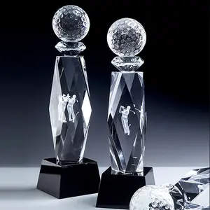 Lage Moq Custom Glas Winnaars Award Golfbal Trofeeën En Medailles Aangepaste Sport Souvenir Extra Grote Kristal Golf Trofee