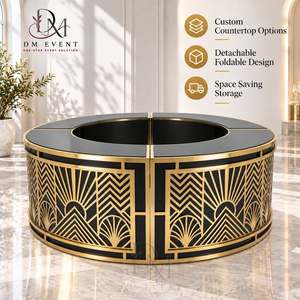 Barra de Bar Redonda Plegable Grande de Acero Inoxidable Dorado y Blanco con Rejilla de Diamantes Entrelazados y Tapa de Vidrio Templado Desmontable - Product Image 1