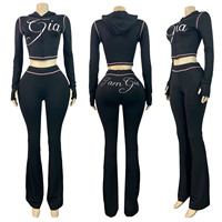 Ensemble de survêtement décontracté pour femme avec sweat à capuche court zippé imprimé à manches longues et pantalon évasé, idéal pour le fitness et le yoga, personnalisable avec logo