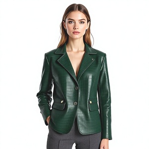 Blazer en similicuir vert à motif crocodile gaufré, simple boutonnage, col rabattu, manches longues, veste d'automne pour femme - Product Image 5