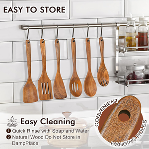 Juego de 6 utensilios de cocina de madera de teca natural con mango largo y cómodo, <span class=keywords><strong>que</strong></span> incluye cucharas, espátula, volteador y tenedor, <span class=keywords><strong>para</strong></span> utensilios de cocina antiadherentes. - Product Image 6