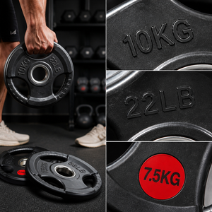 แผ่นน้ำหนักเหล็กหล่อเคลือบยาง FRS Professional ขนาด 50 มม. รู 2 นิ้ว แบบ Tri-Grip หน่วยกิโลกรัม/ปอนด์ พกพาสะดวก ทนทาน - Product Image 5