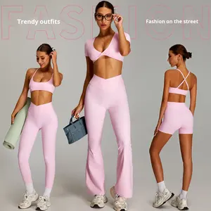 Ensemble de yoga nu taille croisée pour femme-<span class=keywords><strong>tenue</strong></span> d'entraînement à séchage rapide taille haute pour la course à pied et le yoga et les sports de plein air - Product Image 4