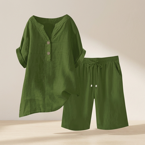 Women's <b>Linen</b> Cotton 2 Piece Shorts <b>Set</b> V Neck Loose Fit Solid Green Casual Summer Outfit Breathable Short Sleeve Top With - Product Image 3