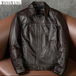 جاكيت TONGYANG رجالي من الجلد الطبيعي، جاكيت قصير كاجوال وبسيط للربيع والخريف من جلد البقر الأصلي للرجال، متوفر باللونين البني والأسود - Product Image 6