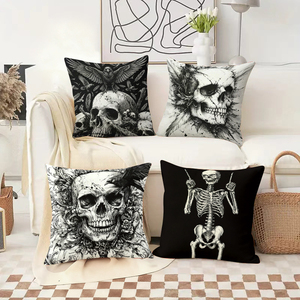 Gothic skull and skeleton throw pillows with festive holiday decor in Christmas stockings and reindeer antlers - Product Image 2