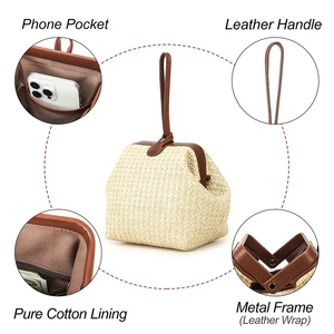Borsa <span class=keywords><strong>Mini</strong></span> Vintage in Paglia Intrecciata da Donna con Finiture in Pelle, Cinturino da Polso e Chiusura a Cerniera, Borsa a Mano Artigianale Portatile per l'Estate e la Spiaggia - Product Image 6