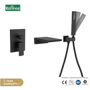 Grifo de bañera negro oculto de pared con caño angular tipo cascada, ducha de mano ajustable, monomando de latón para hotel - Product Image 1