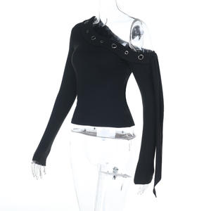Tren produk tren wanita musim semi pakaian bahu miring blus lengan panjang dan atasan hitam 2026 - Product Image 5