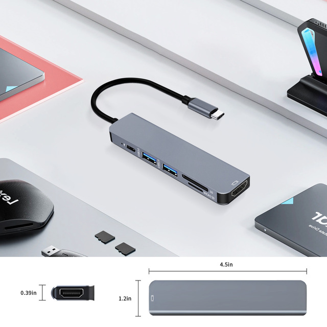 Six-in-One Type-C Docking Station for HDMI & Multi-Interface USB 3.0 Hub with Notebook PD Charging Card Reader Conversion-in
