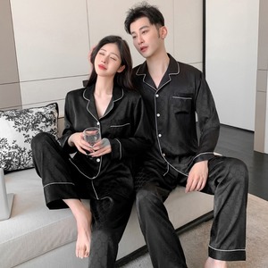 ชุดนอนคู่รัก แขนยาว ผ้าซาตินเนื้อนุ่ม สำหรับฤดูร้อน ชุดนอนผู้หญิง ผู้ชาย ชุดลำลอง - Product Image 3