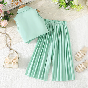 Completo Casual Primaverile per Bambine in Due Pezzi: Top Senza Maniche con Bottoni e <span class=keywords><strong>Pantaloni</strong></span> Larghi <span class=keywords><strong>Plissettati</strong></span> Traspiranti - Product Image 6