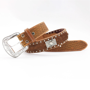 Cinturón de Cuero Genuino de Grano Completo con Hebilla de Aleación Repujada de <span class=keywords><strong>Vaquero</strong></span> Occidental de Lujo Vintage y Tachuelas de Pelo de Caballo para <span class=keywords><strong>Hombre</strong></span> - Product Image 2