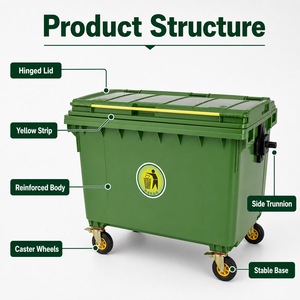Poubelle en plastique robuste et écologique de 1100 L avec couvercles et 4 roues, bac à déchets extérieur pour projets d'appel d'offres des municipalités - Product Image 6