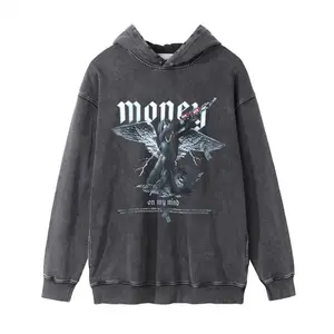 Hot Selling Dark angel print washed and worn-out hooded hoodie for men's street trend casual side pockets Men's Hoodie