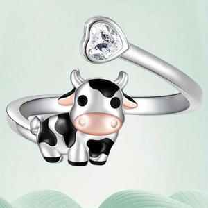 Anillo de Cristal con Diseño de Vaca de Dibujos Animados T1006, Plata 925, Engaste en Bisel, Unisex, para Uso Diario - Product Image 2