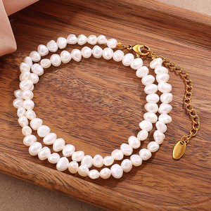 สร้อยคอมุกน้ำจืดธรรมชาติทรงไม่สมมาตรสำหรับผู้หญิง ชุบทอง 18K บนสแตนเลสสตีล สวมใส่ได้ทุกวัน สไตล์หรูหรา - Product Image 2