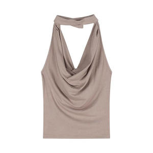 Khaki Halter Neck Camisole <b>Top</b> for Women Character Print Silk Cotton Breathable <b>Backless</b> Sleeveless England Style Bow Collar - Product Image 5